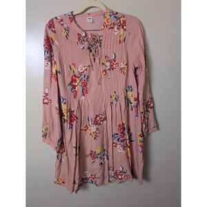 Old Navy Floral Print Rayon Tunic Dress‎ Lace Up Neck Pink Yellow Size S